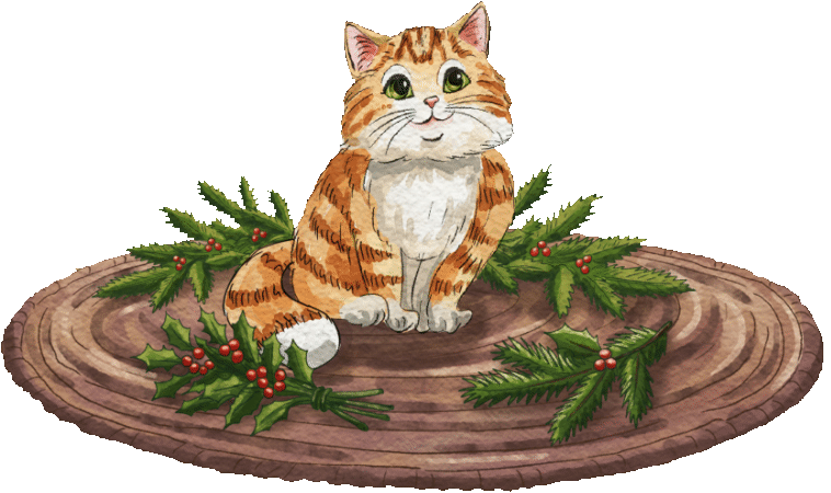 Grammie Cat sitting on a log surrounded by holiday greenery