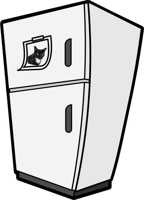 Merlin's refrigerator with Merlin the cat peeking out