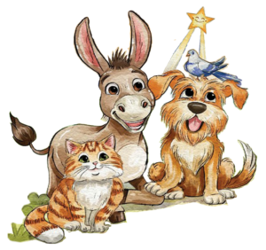 Donkey, cat, and dog characters